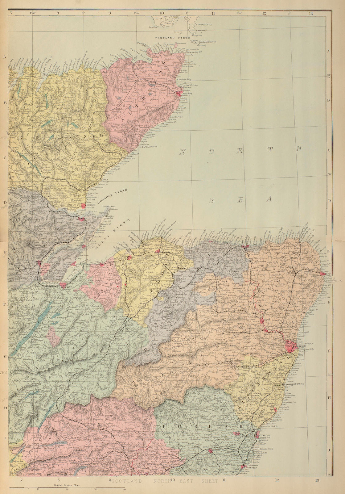 SCOTLAND (North East) Highlands Aberdeen Inverness Banff GW BACON 1885 old map